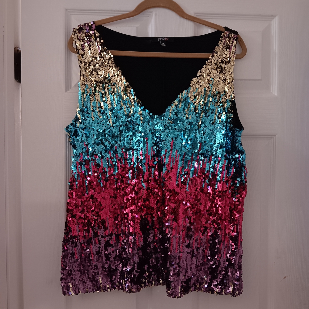 Papaya Sequin Tank Top with Multicolor Sparkle